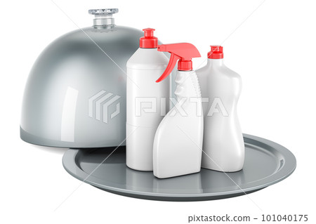 Restaurant cloche with detergent, cleaning products. 3D rendering Restaurant cloche with detergent, cleaning products. 3D rendering 101040175