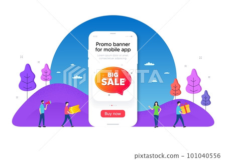 Sale bubble banner. Phone ui interface banner. Discount sticker shape. Coupon chat icon. Mobile smartphone promo banner. Sale bubble tag. Man with gift box. Vector 101040556