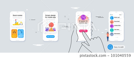 Augmented reality, Like and Identification card minimal line icons. Phone ui interface. Elevator, Clown, Hold heart icons. Algorithm, Lungs, Nurse web elements. For web, application, printing. Vector 101040559