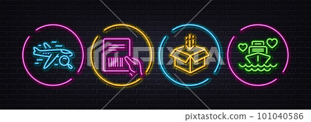 Search flight, Parcel invoice and Get box minimal line icons. Neon laser 3d lights. Honeymoon cruise icons. For web, application, printing. Find travel, Delivery document, Send package. Vector Search flight, Parcel invoice and Get box minimal line icons. Neon laser 3d lights. Honeymoon cruise icons. For web, application, printing. Find travel, Delivery document, Send package. Vector 101040586