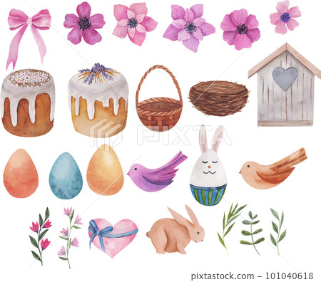 Vector illustrations on a spring theme, flowers, Easter eggs, twigs, birds and an Easter bunny. Vector illustrations on a spring theme, flowers, Easter eggs, twigs, birds and an Easter bunny. 101040618