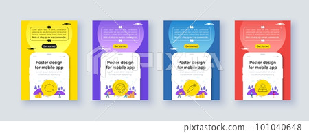 Simple set of Macadamia nut, Hazelnut and Carrot line icons. Poster offer design with phone interface mockup. Include Sun energy icons. For web, application. Vector 101040648