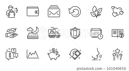 Outline set of Stars, Diagram and Saving money line icons for web application. Talk, information, delivery truck outline icon. Include Smartphone protection, Money wallet, Mail icons. Vector 101040658