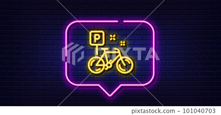 Neon light speech bubble. Bike line icon. Bicycle parking sign. Urban traffic symbol. Neon light background. Bike glow line. Brick wall banner. Vector 101040703