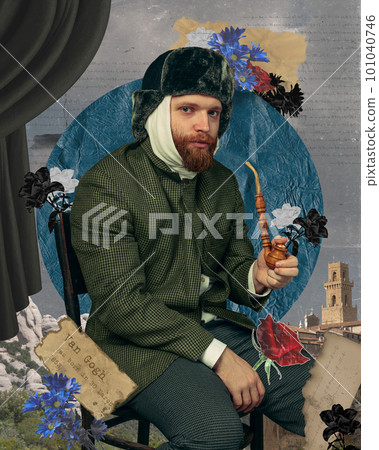 Artwork, creative poster with bearded man dressed like Van Gogh sitting and holding smoking tube. Surreal contemporary art collage 101040746