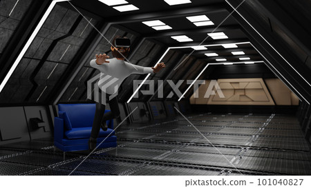 Man enjoy virtual reality with VR glasses and levitation in sci fi spaceship, technology, 3D render 101040827