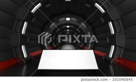 Blank mock up vertical billboard or LCD screen floor stand spaceship space station, Sci Fi 3D render 101040845