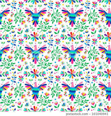 Mexican otomi embrodery seamless pattern. Colorful Mexican Traditional Textile Embroidery Style. Folk otomi style graphic, wallpaper. Festive mexican floral motif. Mexican otomi embrodery seamless pattern. Colorful Mexican Traditional Textile Embroidery Style. Folk otomi style graphic, wallpaper. Festive mexican floral motif. 101040941