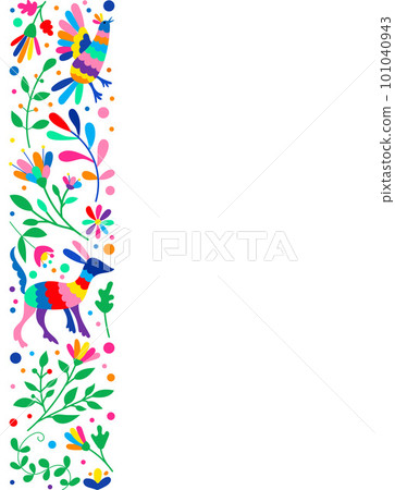 Mexican otomi embrodery ornament. Colorful Mexican Traditional Textile Embroidery Style. Folk otomi style graphic, wallpaper. Festive mexican floral motif. 101040943