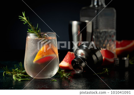 Cocktail gin tonic with ice, grapefruit, and rosemary. Cocktail gin tonic with ice, grapefruit, and rosemary. 101041091