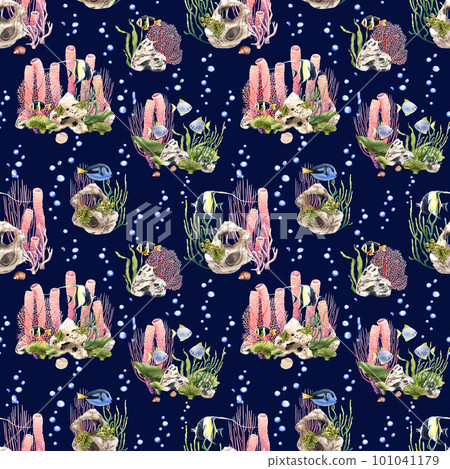 Watercolor seamless pattern with coralls, exotic coral reef fishes. Illustration for wrapping, wallpaper, fabric Watercolor seamless pattern with coralls, exotic coral reef fishes. Illustration for wrapping, wallpaper, fabric 101041179