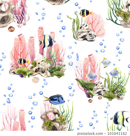 Watercolor seamless pattern with coralls, exotic fishes. Illustration isolated on white for wrapping, wallpaper, fabric Watercolor seamless pattern with coralls, exotic fishes. Illustration isolated on white for wrapping, wallpaper, fabric 101041182