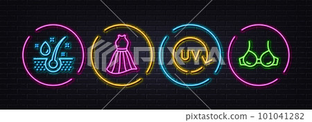 Dress, Uv protection and Serum oil minimal line icons. Neon laser 3d lights. Bra icons. For web, application, printing. Female skirt, Skin cream, Healthy hairs. Brassiere lingerie. Vector 101041282
