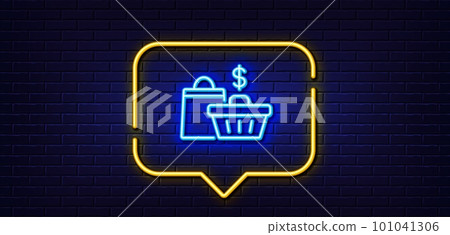 Neon light speech bubble. Shopping cart line icon. Customer sale bag sign. Supermarket purchases symbol. Neon light background. Sale bags glow line. Brick wall banner. Vector Neon light speech bubble. Shopping cart line icon. Customer sale bag sign. Supermarket purchases symbol. Neon light background. Sale bags glow line. Brick wall banner. Vector 101041306