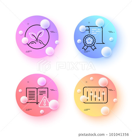 Certificate, Startup and Dj controller minimal line icons. 3d spheres or balls buttons. Instruction manual icons. For web, application, printing. Certified file, Launch project, Musical device. Vector 101041356