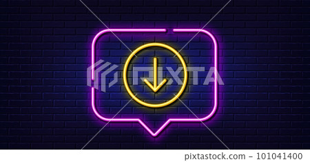 Neon light speech bubble. Scroll down button line icon. Scrolling screen sign. Swipe page. Neon light background. Scroll down glow line. Brick wall banner. Vector 101041400
