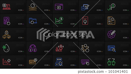 Set of Cyber attack, Move gesture and Recovery devices line icons. Include Computer keyboard, Checkbox, Video conference icons. Integrity, Card, Seo analysis web elements. Thumb down. Vector 101041401