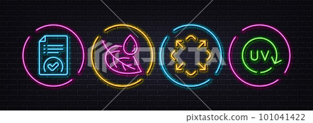 Leaf dew, Maximize and Approved document minimal line icons. Neon laser 3d lights. Uv protection icons. For web, application, printing. Water drop, Full screen, Verification file. Skin cream. Vector Leaf dew, Maximize and Approved document minimal line icons. Neon laser 3d lights. Uv protection icons. For web, application, printing. Water drop, Full screen, Verification file. Skin cream. Vector 101041422