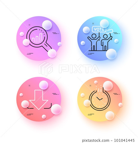 Time, Seo analysis and Voting campaign minimal line icons. 3d spheres or balls buttons. Download icons. For web, application, printing. Clock, Targeting chart, People rally. Load file. Vector 101041445