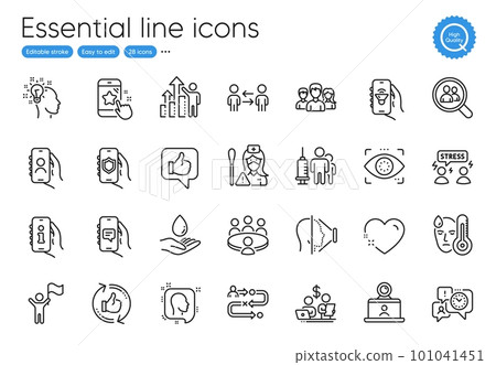 Security app, Chat app and Star rating line icons. Collection of Heart, Teamwork, Journey path icons. Water care, User call, Refresh like web elements. Leadership, Search employees. Vector Security app, Chat app and Star rating line icons. Collection of Heart, Teamwork, Journey path icons. Water care, User call, Refresh like web elements. Leadership, Search employees. Vector 101041451