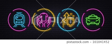 Train, Improving safety and Hold t-shirt minimal line icons. Neon laser 3d lights. Taxi icons. For web, application, printing. Tram, Increased secure, Laundry shirt. Passengers transport. Vector Train, Improving safety and Hold t-shirt minimal line icons. Neon laser 3d lights. Taxi icons. For web, application, printing. Tram, Increased secure, Laundry shirt. Passengers transport. Vector 101041452