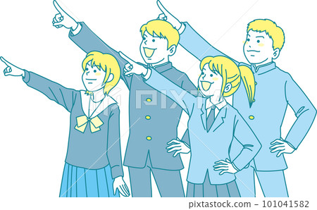 Junior high school student pointing _ set _ 4 men and women pointing in the same direction _ looking up at the sky Junior high school student pointing _ set _ 4 men and women pointing in the same direction _ looking up at the sky 101041582