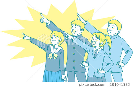 Junior high school student pointing _ set _ 4 men and women pointing in the same direction _ with background 101041583