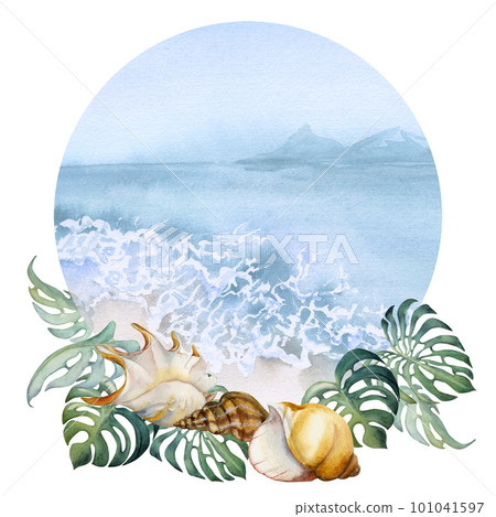 Hand drawn watercolor composition. Seascape with beach surf, wave, sea shells on monstera leaves. Isolated on white background. Wall art, wedding, print, fabric, cover, card, tourism, travel booklet. 101041597