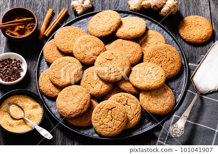 sweet soft ginger cookies on plate, top view sweet soft ginger cookies on plate, top view 101041907