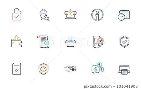 Calendar, Info and Delete file line icons for website, printing. Collection of Lock, Technical documentation, Education icons. Money currency, Wallet, Packing boxes web elements. Vector 101041908