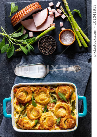 asparagus ham strata with sponge cake circles 101041915