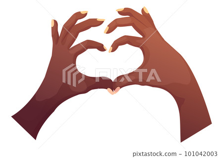 Two hands making a heart shape ethnic black in cartoon style isolated on white background.  101042003