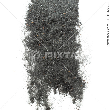 Black Husk rice seed grain fly in air. Burn black husk paddy falling scatter, explosion float in shape form line group. White background isolated freeze motion high speed shutter 101042228