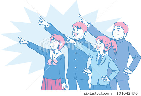 抬頭仰望天空的學生_初中生指點_青品紅_5人瞄準同一個方向_有背景 101042476