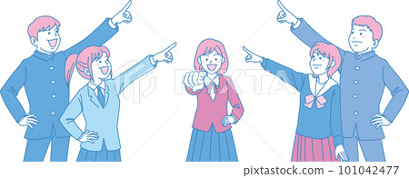 抬頭仰望天空的學生_初中生指著_青品紅_5人指著中間 抬頭仰望天空的學生_初中生指著_青品紅_5人指著中間 101042477