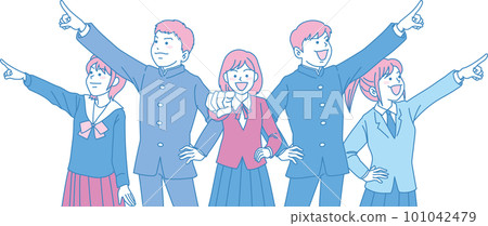 Students looking up at the sky_pointing junior high school students_cyan magenta_5 people pointing in each direction Students looking up at the sky_pointing junior high school students_cyan magenta_5 people pointing in each direction 101042479