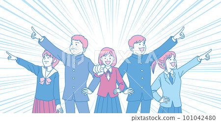 抬頭仰望天空的學生_初中生指點_青品紅_每個方向5人指點_背景濃度線 101042480