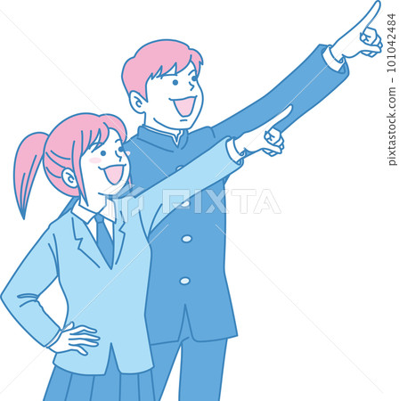 抬頭仰望天空的學生_初中生指著_青品紅_兩個人指著右上角 101042484