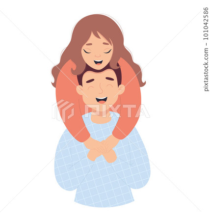Happy in love married couple. Cute joyful fair-skinned girl hugs man. Vector illustration in flat style of loving young couple for valentines day, wedding and birthday design. 101042586