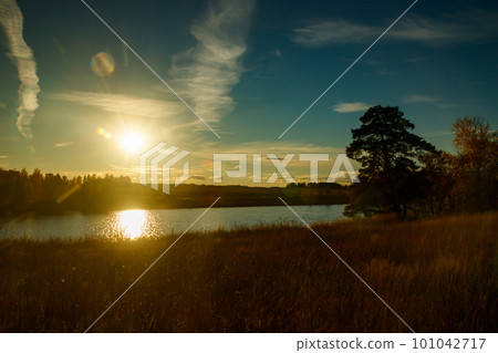 Beautiful sunset on river Kymijoki at autumn, Finland. 101042717