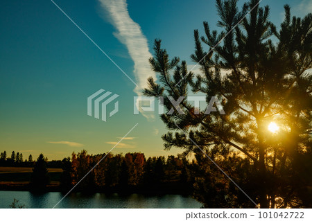 Beautiful sunset on river Kymijoki at autumn, Finland. Beautiful sunset on river Kymijoki at autumn, Finland. 101042722