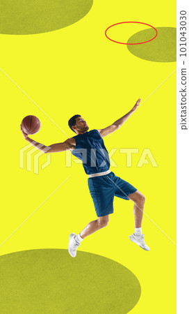Young sportive man, professional basketball player in motion, training with ball against yellow background. Contemporary art collage. Young sportive man, professional basketball player in motion, training with ball against yellow background. Contemporary art collage. 101043030