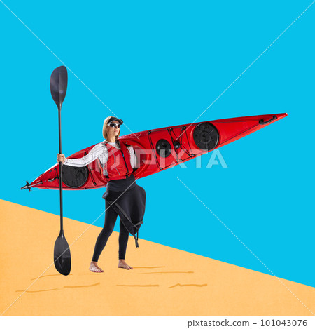 Young active woman standing with red canoe and paddles against colorful background. Summertime activity. Contemporary art collage. 101043076