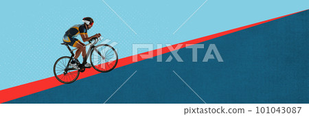 Young man cycling towards the hill on bike. Marathon preparation. Speed and endurance. Contemporary art collage. Young man cycling towards the hill on bike. Marathon preparation. Speed and endurance. Contemporary art collage. 101043087