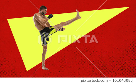 MMA fighter. Muscular strong man, professional boxer fighting, training martial arts. Contemporary art collage. 101043093