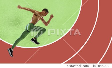 Young muscular man, professional runner, athlete training, running at drawn stadium. Speed and endurance. Contemporary art collage. 101043099