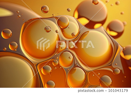 Beautiful abstract background. Golden liquid. Macro honey bubbles. Generative AI. 101043179