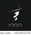 Stylish minimalistic woman face silhouette in big elegant hat with retro halftone. Logo design vector illustration.  101043378