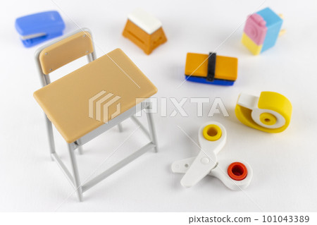 Toy study desk and stationery. school image 101043389