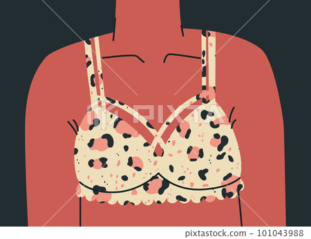 Female bust in a beautiful leopard print lace bra. Upper female body. Vector trend illustration for design. 101043988